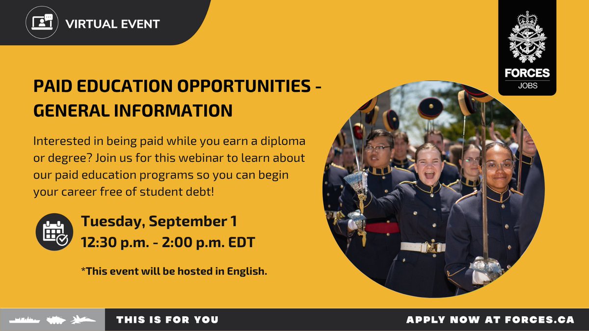 CanadianForces's tweet photo. Do you want to learn how the Canadian Armed Forces can help you get a diploma or degree? Join us for a virtual info session and learn how we can help you meet your goals with one of our paid education programs. Register now: https://t.co/MvsquspEMS https://t.co/swFgUQT4iz