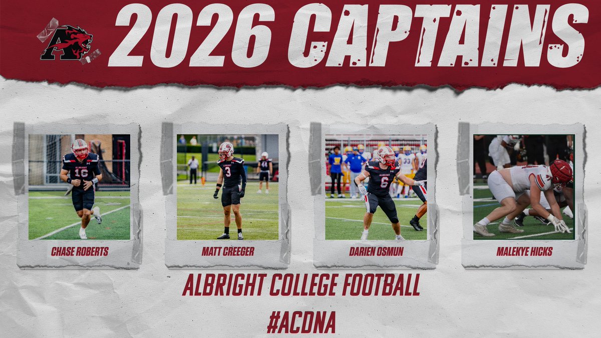 Albright_FBall's tweet photo. Announcing the 2026 Albright College Football Captains!

- Chase Roberts, QB, Sr. 
- Matt Creeger, WR, Sr. 
- Darien Osmun, LB, Sr. 
- Malekye Hicks, DL, Jr. 

#GATA #ACDNA https://t.co/cUvIPflGya