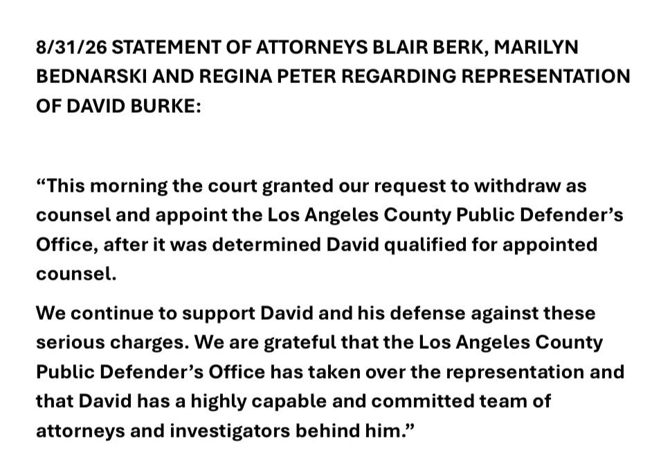 meghanncuniff's tweet photo. Lawyers for David Burke, aka singer D4vd, announced in a press release they are bailing on him and he’s now represented by public defenders. 

He’s to plead not guilty to Celeste Rivas Hernandez’s murder in LA again today now that the judge has found probable cause. https://t.co/IbjkHxp5Z7
