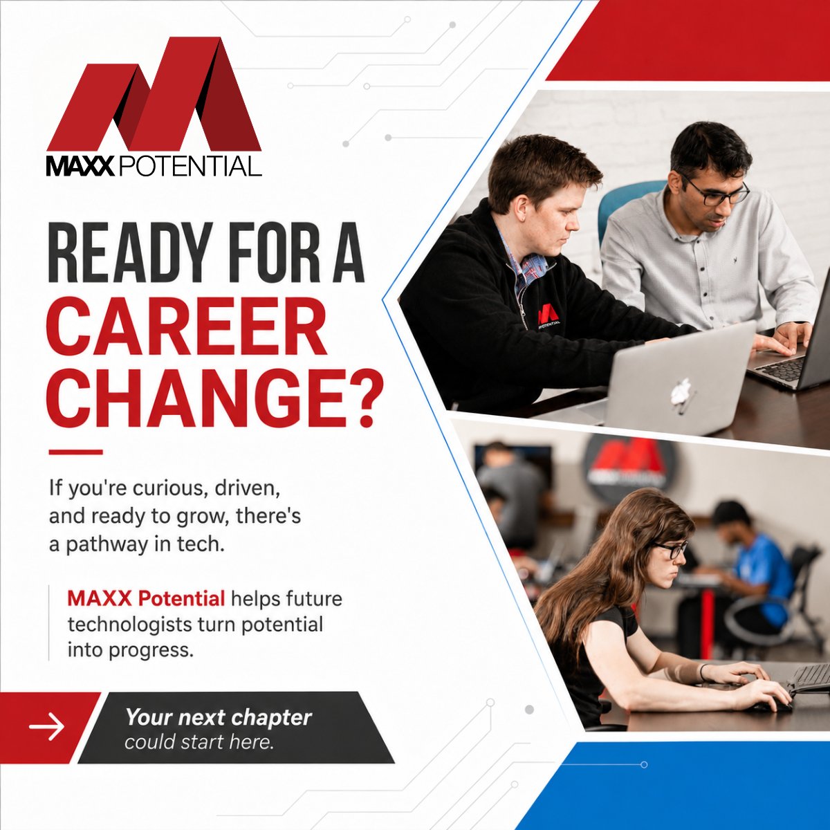MaxxTechnology's tweet photo. Curious, driven, and ready to grow? There's a pathway in tech for you. MAXX Potential helps future technologists turn potential into progress. Your next chapter could start here.

#FutureTechnologists #StartInTech #NextChapter #TechCareers https://t.co/06wJVJNFPI