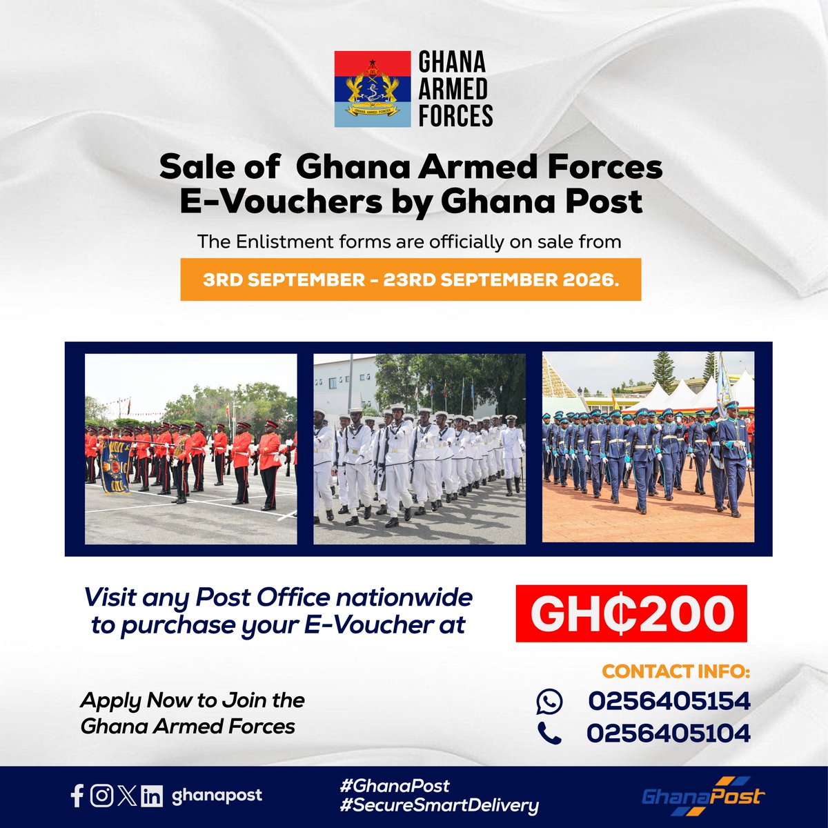 GhArmedForces's tweet photo. The GAF 2026/2027 Enlistment Exercise has commenced.

The public is advised to beware of scammers and rely only on information published through the verified social media platforms of GAF.

Instagram
https://t.co/Qf5OCkiyPa

Facebook
https://t.co/tti2FMvqZ6

X
https://t.co/NjryYpzQQD

WhatsApp Channel
https://t.co/H9grd8TFSO

Tik Tok
https://t.co/MxhTYE6501