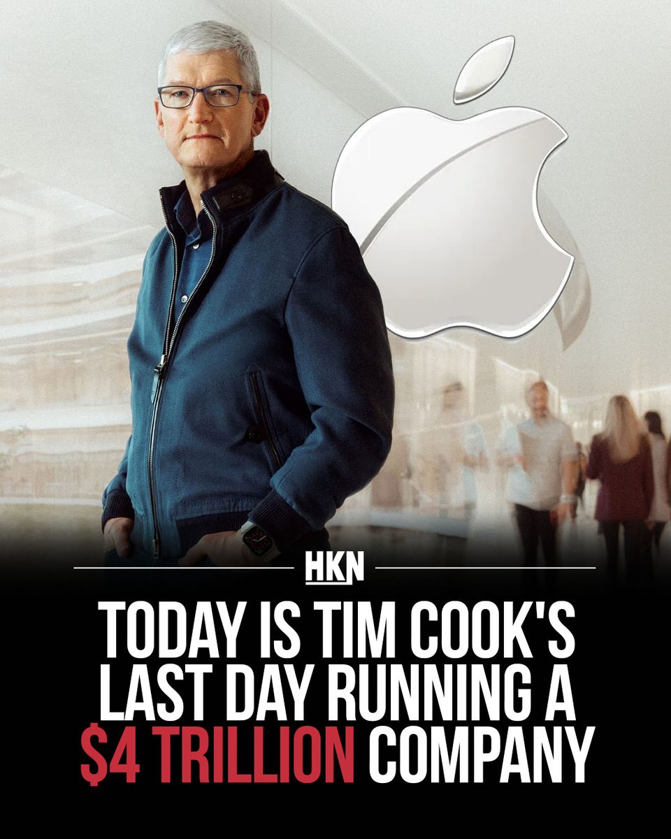 SOHKNetwork's tweet photo. Today is officially Tim Cook's last day as Apple CEO after 15 years. He grew the company from $348B to $4T. Tomorrow John Ternus takes over, Cook moves to exec chairman. What's his first move?

#Apple #TimCook #schoolofhardknocks https://t.co/rpeTmdMJGu