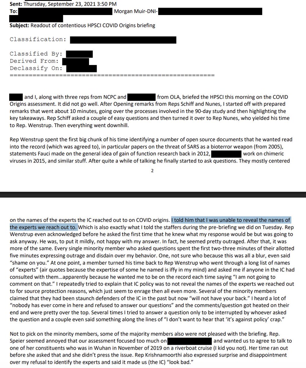 emilyakopp's tweet photo. The latest Fauci docs illustrate something very disturbing about Congressional oversight of the intelligence community (or lack thereof). 

In July 2021, Fauci recommended that the Office of the Director of National Intelligence (ODNI) speak to his chosen clique of virologists, the authors of the infamous Proximal Origin paper, about the Wuhan wet market.

In September 2021, Republicans on the House Intel Committee asked ODNI in a classified briefing which scientists it had spoken to. (Questions were already emerging about whether the Proximal Origin authors actually believed that the lab leak theory was a conspiracy theory or were only saying that to please Fauci.) ODNI REFUSED to answer.

Now we know why!