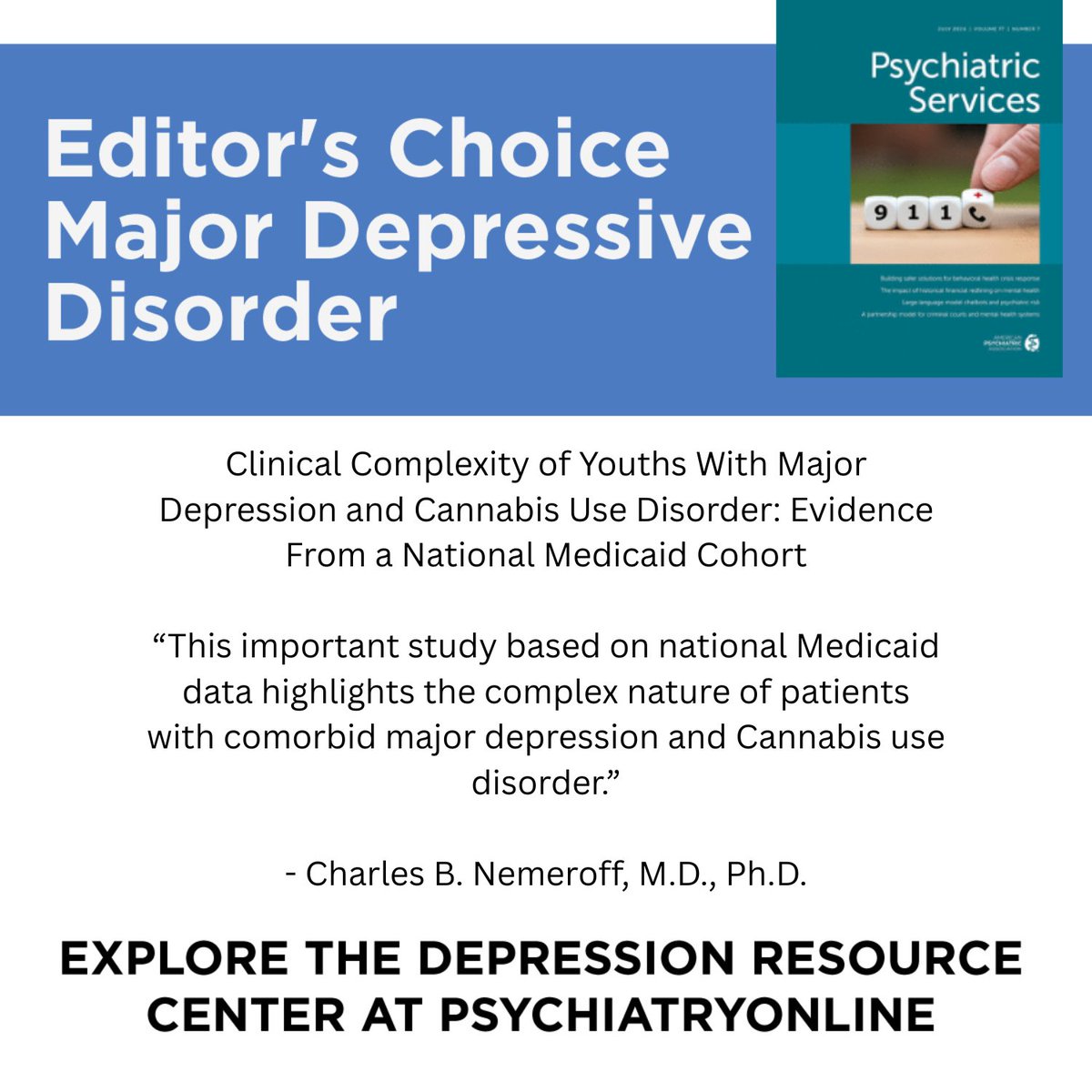 APA_Publishing's tweet photo. Check out our resource center for Major Depressive Disorder (MDD), featuring highlighted articles with commentary from the editor of the American Journal of Psychiatry, Dr. Charles B. Nemeroff, M.D., Ph.D. https://t.co/SVilQOTXSt https://t.co/9cHtWV9IsS