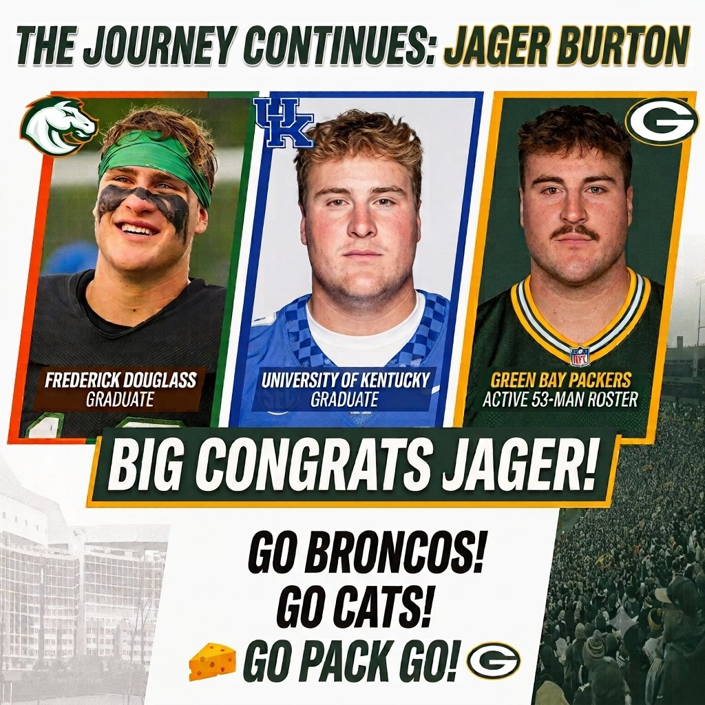 coachnatemcpeek's tweet photo. From Lexington to Titletown! 🐎➡️😼➡️🧀

BIG CONGRATS TO JAGER BURTON!

From dominating the trenches at Frederick Douglass High School to holding down the Big Blue Wall at the University of Kentucky, Jager has officially made the active 53-man roster for the Green Bay Packers!

Hard work, grit, and relentless effort pay off. The journey is just getting started, but the entire hometown is standing behind you! 🏈🔥

GO BRONCOS! 🐴
GO CATS! 😼
GO PACK GO! 🧀🟢🟡

#JagerBurton #NFL #LexingtonProud #FrederickDouglass #UKFootball #BBN #Packers #GoPackGo #BigBlueWall