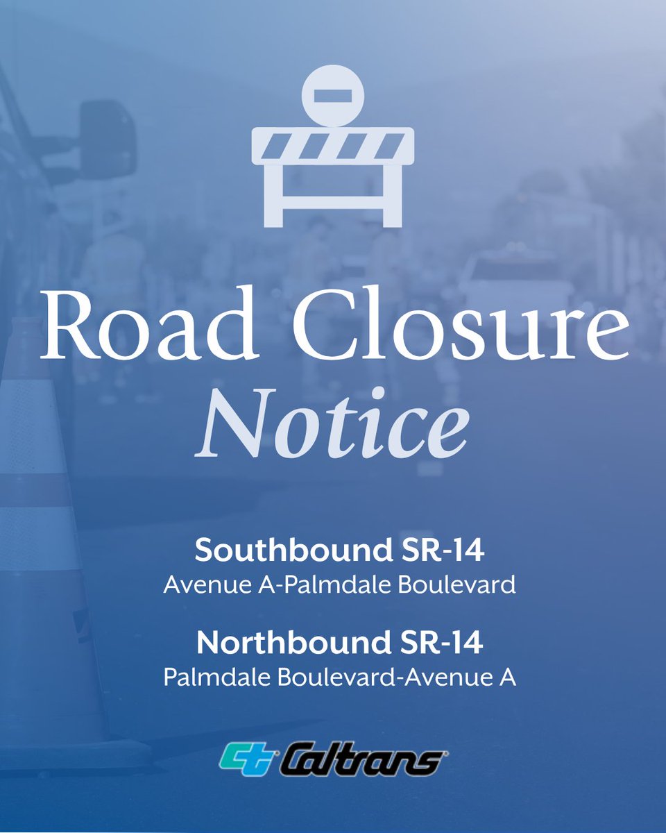 PalmdaleCity's tweet photo. 🚧 Caltrans Alert 🚧

Caltrans is continuing construction on SR-14. If you're driving at night this week, here is what you need to know:

📅 Monday, Aug. 31-Friday, Sept. 4
⏰ Nightly from 8 p.m.-6 a.m.

Full freeway closure:
🚧 Southbound SR-14: Avenue A to Palmdale Boulevard
🚧 Northbound SR-14: Palmdale Boulevard to Avenue A

Ramp closures:
🛣️ Rancho Vista Boulevard: Northbound and Southbound on-ramps from 9 p.m. to 6 a.m.
🛣️ Avenue P: Southbound on-ramp from 9 p.m. to 5 a.m.
🛣️ 10th Street West: Northbound and Southbound on- and off-ramps from 7 p.m. to 6 a.m.
🛣️ Avenue N: Northbound and Southbound on- and off-ramps from 7 p.m. to 6 a.m.
🛣️ Avenue M: Northbound and Southbound on- and off-ramps from 7 p.m. to 6 a.m.
🛣️ Avenue L: Northbound and Southbound on- and off-ramps from 7 p.m. to 6 a.m.

Residents and local businesses near the freeway might experience noise, vibrations and grinding from the construction activities. Detour signs will be posted; expect delays and please use alternate routes. 

➡️ Check real-time traffic at https://t.co/NwYgdr8OZ5  

Please note that this schedule is weather permitting and all dates and times are subject to change. Caltrans reminds drivers to “Be Work Zone Alert” and “Move Over!" Thank you for your patience.