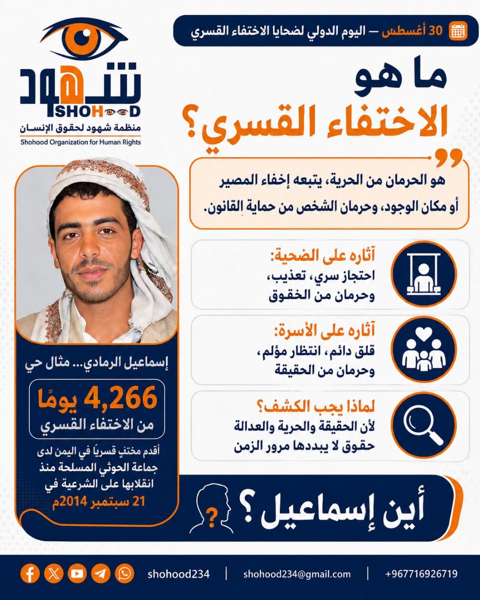FatmehHeza6993's tweet photo. اعتقلت جماعة الحوثي المسلحة إسماعيل صالح مبارك الرمادي صباح ٢٥ ديسمبر ٢٠١٤م من أمام منزله في بيت مران بأرحب. وبعد ٤٬٢٦٦ يوماً، ما يزال مكانه ومصيره مجهولين.
#اليوم_الدولي_لضحايا_الاختفاء_القسري #٣٠_أغسطس #الحرية_لإسماعيل_الرمادي https://t.co/SsG3i9jTKk