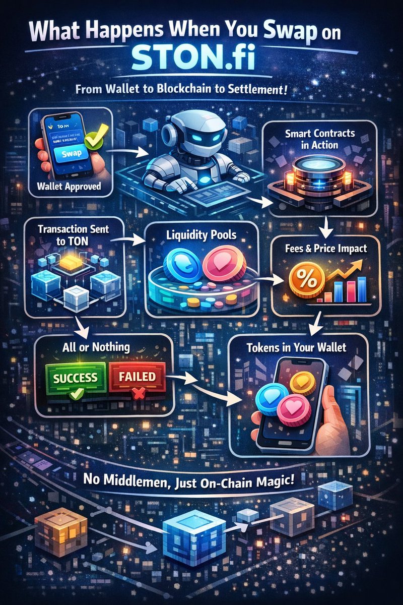 mylo_gN's tweet photo. You tap “Swap.”
But on https://t.co/hy6LUCCRQ0, a LOT happens before your new tokens appear.

Let’s walk through what actually goes down from wallet → blockchain → settlement, without the boring textbook stuff.

Stage 1: Your wallet makes the first move
When you hit swap, your TON wallet signs a message. Think of it as saying, “I approve this action.”
No funds move yet; you’re just giving smart contracts permission to do their thing.

Stage 2: TON takes over
That signed transaction is sent to the TON blockchain. Validators check it’s legit; balance, rules, and all that good stuff. If it passes, it gets processed on-chain.

Stage 3: Smart contracts wake up
https://t.co/hy6LUCCRQ0 runs on smart contracts. Once your transaction lands, the contracts read your instructions; what you’re swapping, how much, and your minimum acceptable output.

Stage 4: No buyers, no sellers, just liquidity
There’s no order book here. Your swap interacts with a liquidity pool; a pool filled with two tokens supplied by liquidity providers.
The price comes from math, not from someone on the other side of the trade.

Stage 5: Fees & price impact happen quietly
Your swap slightly shifts the pool balance; that’s price impact. A small fee is also taken and routed to liquidity providers, helping keep the system running.

Stage 6: All or nothing
The swap is atomic. Either every step succeeds and you get your tokens, or something fails and the whole transaction is rolled back. No half-swaps, no weird surprises.

Stage 7: Tokens land in your wallet
If all conditions are met, the smart contract sends the new tokens straight to your wallet. The result is final and recorded on the TON blockchain.

The real magic?
No custody, no middlemen, no off-chain IOUs; just wallets, code, liquidity, and on-chain settlement.

Once you understand this flow, “Swap” stops feeling like a button and starts feeling like a process you actually control.