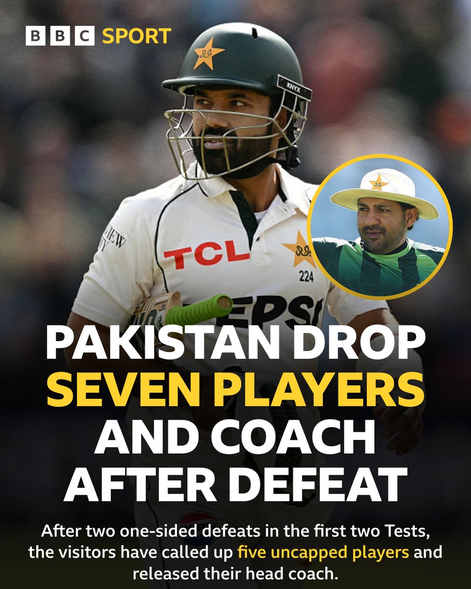 bbctms's tweet photo. A bombshell from Pakistan. 😳

Five of the players dropped – Muhammad Rizwan, Imam-ul-Haq, Salman Ali Agha, Ali Usman and Khurram Shahzad – have featured in the series so far, while Aamir Jamal and Muhammad Awais Jafar are sent home without playing.

Head coach Sarfaraz Ahmed and his assistant Umar Gul have been replaced by Pakistan white-ball coach Mike Hesson and former Australia seamer Ashley Noffke.