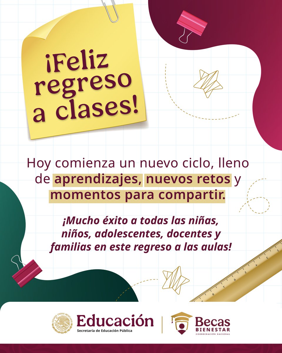 BecasBenito's tweet photo. 🎒✨ Hoy millones de historias vuelven a encontrarse en un mismo lugar: la escuela.

Desde #BecasBienestar seguimos acompañando a las y los estudiantes para que puedan continuar con sus estudios, alcanzar sus metas y construir el futuro que imaginan. 📚

#EducarEsTransformar https://t.co/XzmyUY1mye
