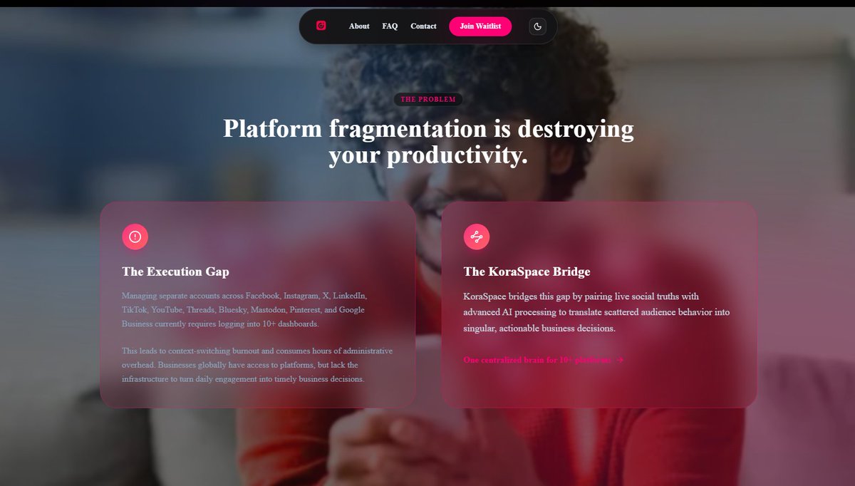 Adakole56Andrew's tweet photo. Been quiet, but builder mode has been fully on ๐ ๏ธ
โMeet Koraspace: AI social management. Waitlist drops tomorrow (Sept 1), launch Sept 30! ๐
โ
โBack on the timeline. Letโs build! ๐
โ#BuildInPublic #Koraspace #AI https://t.co/9F2nQdDK8w