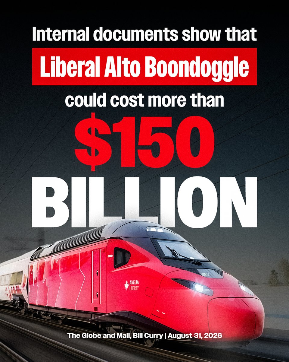 PierrePoilievre's tweet photo. Not a single metre of track has been laid and already costs are projected to double.
A Liberal Club of insiders gets bonuses from projects like this, while taxpayers get stuck paying for another massive boondoggle.
Say NO to Alto and save $14,500 per Canadian family: https://t.co/FzE28Hm5AX