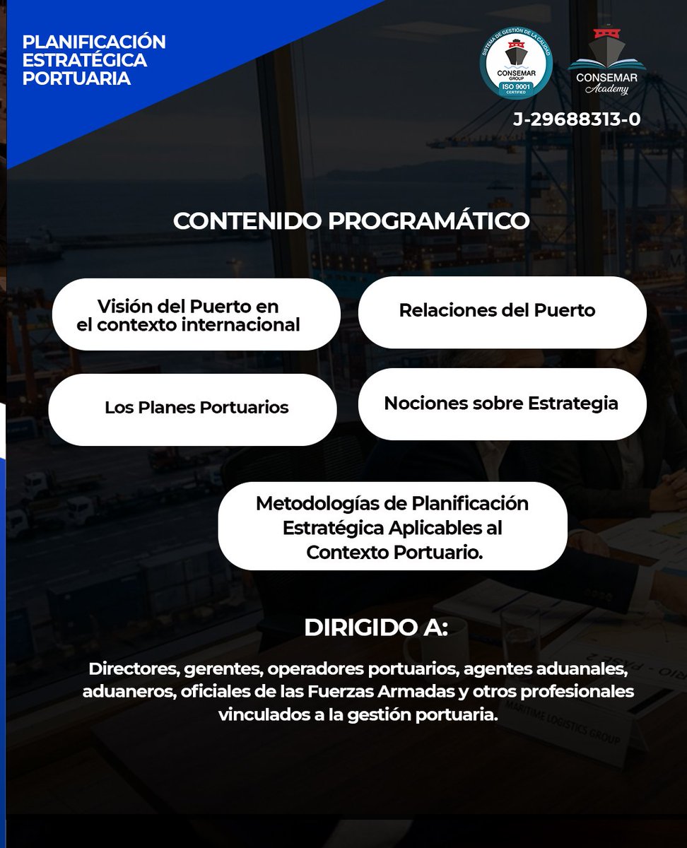 consemargroup1's tweet photo. 🚢 CURSO: PLANIFICACIÓN ESTRATÉGICA PORTUARIA ⚓

En un sector donde la eficiencia, la competitividad y la capacidad de anticiparse a los cambios son fundamentales, **planificar estratégicamente es una ventaja.

#PlanificaciónEstratégicaPortuaria #SectorPortuario https://t.co/9cgVpVzeuw