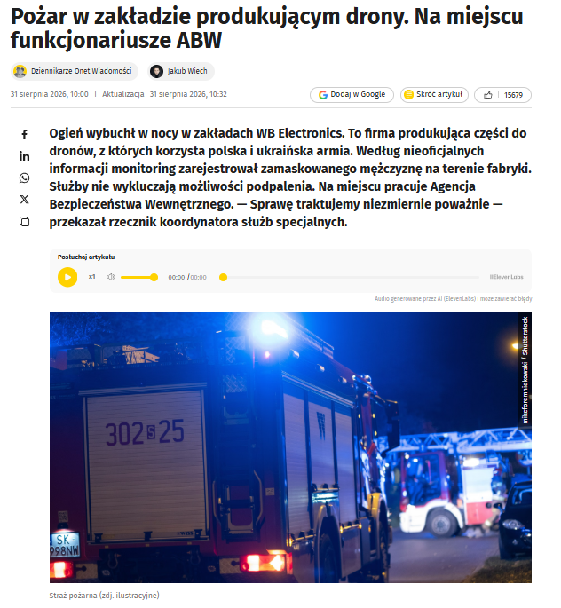 silupescu's tweet photo. Ancora un incendio doloso a una fabbrica che produce droni per l'esercito ucraino. E' successo in Polonia, a Skarżysko-Kamienna.
Le telecamere hanno ripreso un uomo col volto coperto.
Tragica fatalità, poteva succedere ovunque, tipo Colleferro per esempio. https://t.co/KhHewHJFEb