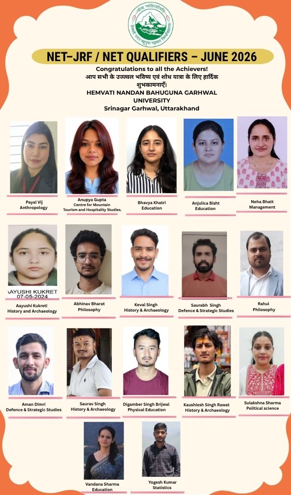 OfficialHnbgu's tweet photo. हेमवती नंदन बहुगुणा गढ़वाल विश्वविद्यालय के उन मेधावी छात्र-छात्राओं एवं शोधार्थियों को हार्दिक बधाई, जिन्होंने UGC-NET / JRF / NET Examination – June 2026 में सफलता प्राप्त कर विश्वविद्यालय का गौरव बढ़ाया। #HNBGU #GarhwalUniversity #NETJRF #UGCNET #NETQualifier #JRFQualifier #June2026 #AcademicExcellence #StudentAchievement #ResearchScholars #OurAchieversOurPride #UniversityPride #GarhwalUniversityPride #SuccessStory #Congratulations
@spsinghdu