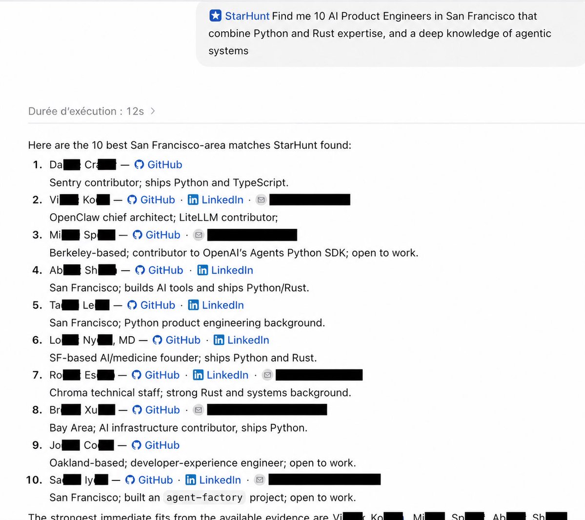 frtechrecruiter's tweet photo. Find the best Software Engineers and AI Engineers directly in Claude and ChatGPT in 12 seconds (see screenshot).
StarHunt’s MCP gives you access to the top 1% of talents based on their GitHub.

It lists the best profiles for you and provides a way to contact them.
INSANITY

Try it, cut the noise and hire cracked talent other startups don’t even know exist!
