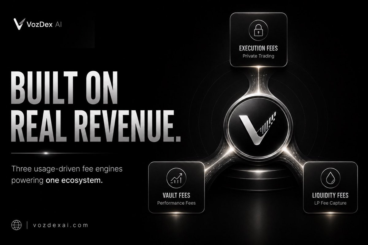 Vozdexai's tweet photo. VozDex AI Revenue Model   
Built to Earn From Day One

Most protocols chase volume and hope the token follows. VozDex is built the opposite way, revenue comes first, and it’s structural, not speculative.VozDex AI generates revenue through three distinct streams, each tied directly to real protocol usage,not token emissions. Here’s how each one works:

1. Execution Fees (Private Trading)
Every private trade crypto or tokenized stocks carries a 0.5% fee on transaction volume. This is the first revenue engine live, and it scales directly with trading activity. With billions in tokenized stock volume already moving daily across the market, even a modest share of that flow puts VozDex in a strong position for consistent, usage-driven revenue from day one.

2. Vault Performance Fees (YieldShares / V4 Vaults)
When you deposit into a VozDex vault, your capital is actively managed through Uniswap v4 Hooks with auto-compounding, auto-rebalancing, generating yield continuously. VozDex AI takes a performance fee on that harvested yield. More capital deposited, more yield generated, more performance fee collected, this stream scales with vault TVL and vault productivity, not just trading volume.

3. Liquidity Provision Fees
For users who deposit directly into vault-managed pools without minting a YieldShare token, VozDex still captures a fee as trading volume flows through that liquidity. This stream grows in lockstep with the depth of liquidity VozDex manages across Robinhood Chain, the more liquidity under management, the more fee volume passes through.

The compounding effect
These three streams aren’t independent, they reinforce each other. Deeper vault liquidity improves execution quality for private trades, which drives more trading volume, which drives more execution fees, which attracts more liquidity. One protocol, three fee engines, all feeding the same flywheel and all of it flows back to $VAI holders and Vozdex AI ecosystem.