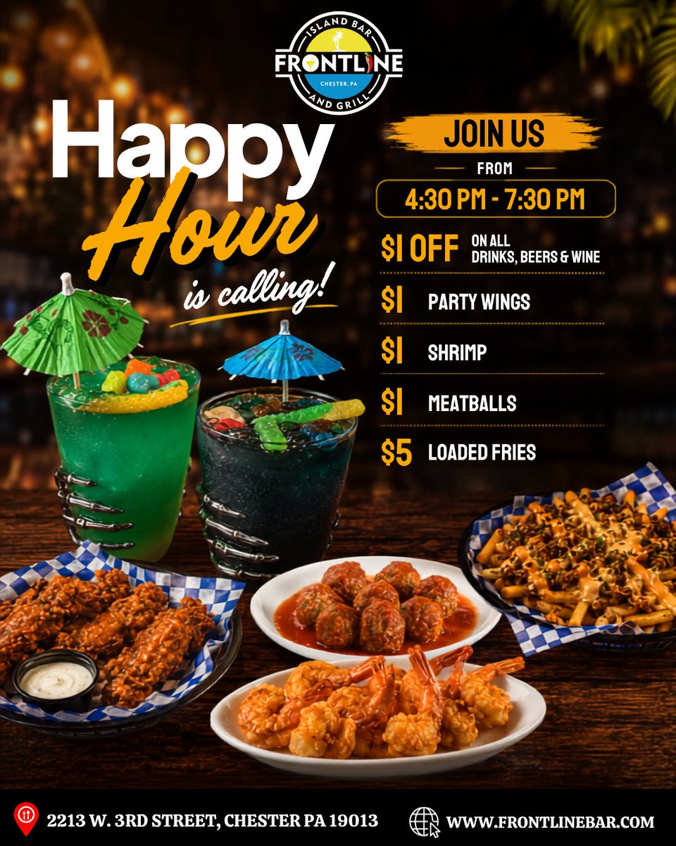 FrontlineBar's tweet photo. HAPPY HOUR IS CALLING! 
🕓 4:30 PM – 7:30 PM
🍹 $1 OFF drinks, beers &amp; wine
🍗 $1 Party Wings
🍤 $1 Shrimp
🥩 $1 Meatballs
🍟 $5 Loaded Fries
🌐 https://t.co/SCnyKUfnul

#HappyHour #ChesterPA #ChesterPAEats #ChesterNightlife #DelawareCountyPA #CaribbeanFood #CaribbeanVibes https://t.co/CsHiAM2meK