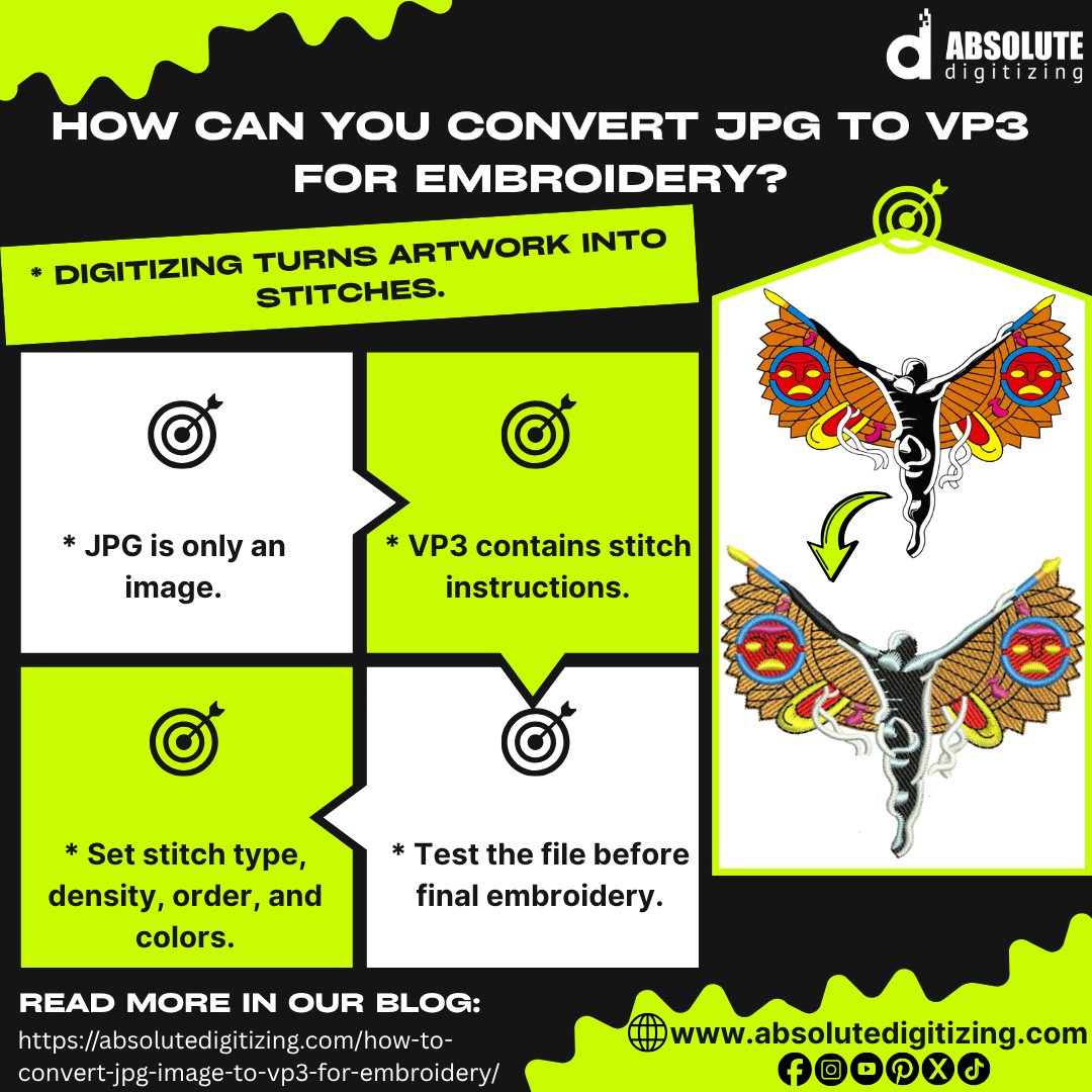 Emb_Digitizing's tweet photo. How Can You Convert JPG to VP3 for Embroidery?
A JPG is just an image. To create a VP3 file, the artwork must be digitized with proper stitches, density, colors, and sequence.
Read more: https://t.co/ELHRds2f4t
Get a free quote: https://t.co/ovieG9GdgI https://t.co/M8HUSpdMpK