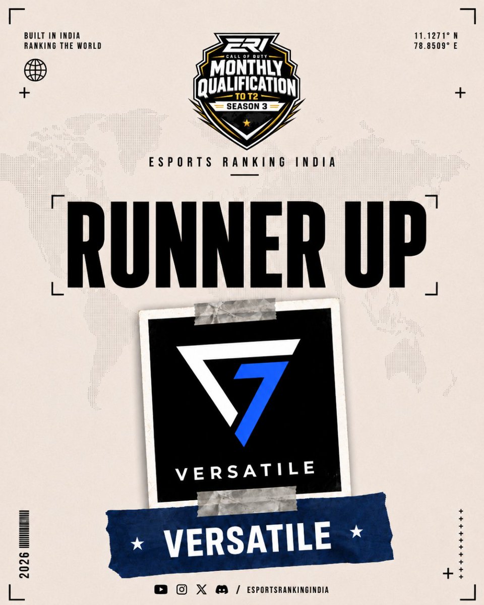 CodmRanking's tweet photo. 🥈 TEAM VERSATILE — ERI S3 RUNNERS-UP! 🥈

A hard-fought journey. An incredible run. 🔥

They gave it everything and secured the Runner-Up spot in ERI Season 3. 🏆⚡

GGs, Team Versatile! 👏

#ERIS3 #CODM #IndianEsports https://t.co/MuYw0QLkZs
