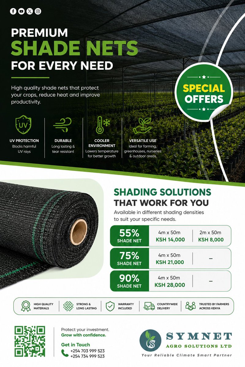 Symnet_Ke's tweet photo. Too much heat, strong sunlight or harsh weather can stress your crops and affect production.

Our Quality Shade Nets provide effective protection while creating a better growing environment for your crops. 

Available Shade Levels:  | 55% | 75% | 90%.
Call Us on  0703 999 523 https://t.co/X7bqkAh9nv