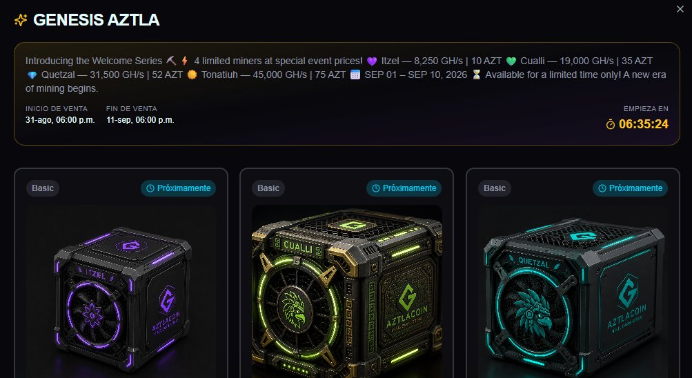 AztlaCoin's tweet photo. Ready, set?🥳
The first Aztlacoin event (Genesis Aztla) is about to begin. We are featuring four exclusive miners for this event—offering more mining power at a lower price. Are you ready to be a leader?
Available from September 1st to 10th https://t.co/kFTDZflK3I