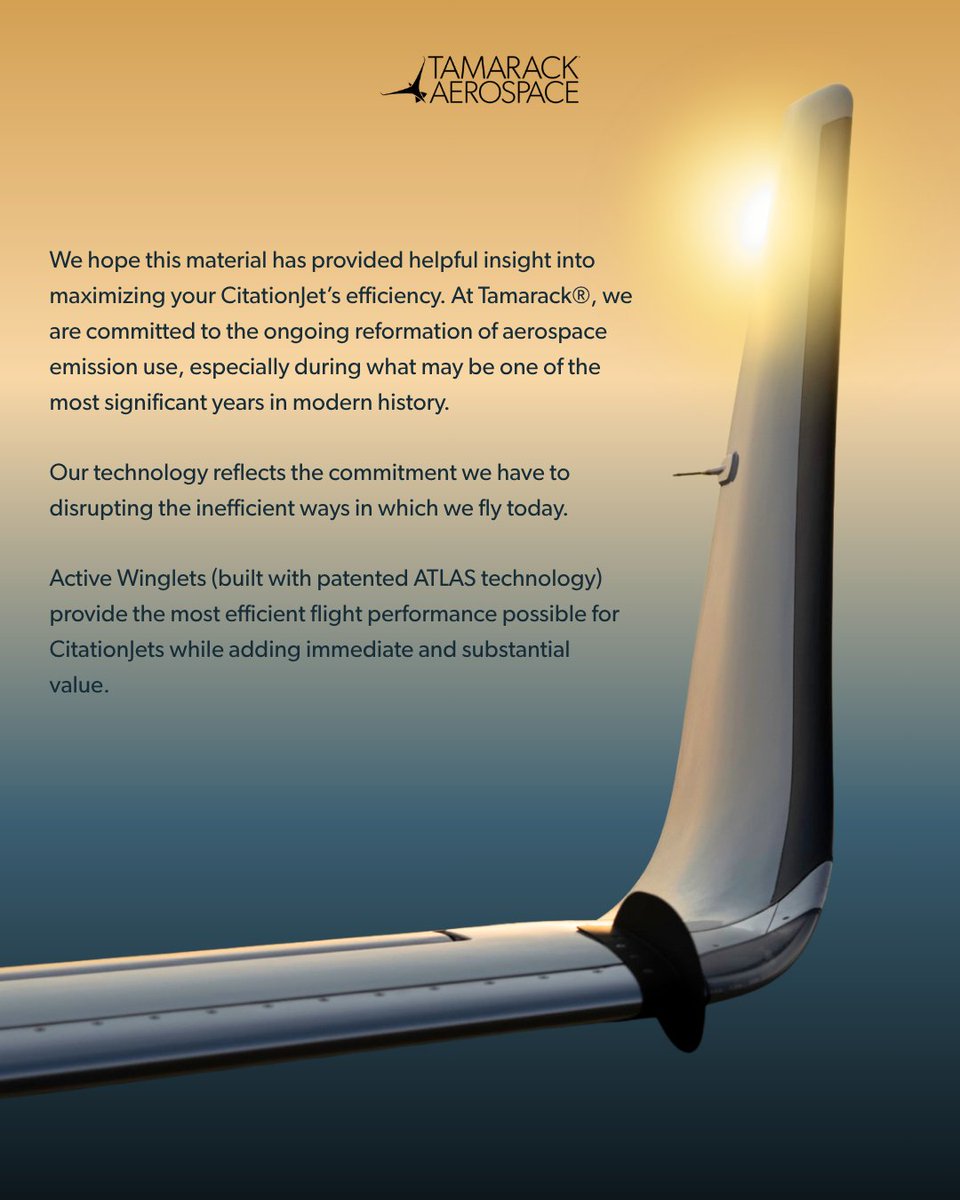 tamarackaero's tweet photo. Maximum flight efficiency isn't about flying as fast as possible, it's about flying smarter.

Small adjustments to your cruise speed, altitude, and power settings can help maximize range, reduce fuel burn, and improve overall mission efficiency.

Pair those techniques with Tamarack Active Winglets, and you'll unlock even greater performance through increased aerodynamic efficiency, better climb performance, extended range, and lower fuel consumption.