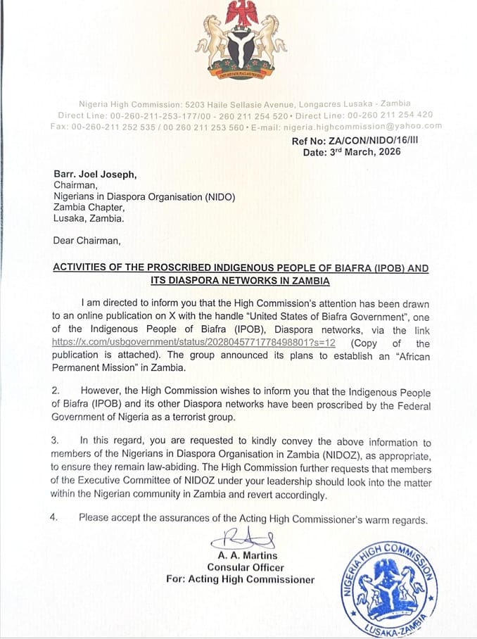 ngoziora's tweet photo. PRESS RELEASE: 8/31/2026

THE FORMAL ACKNOWLEDGEMENT OF THE GOVERNMENT OF THE UNITED STATES OF BIAFRA (USB) BY THE FEDERAL REPUBLIC OF NIGERIA UNDER
INTERNATIONAL LAW

1. Executive Summary & The Montevideo Nexus

The Government of the United States of Biafra (USB) announces a milestone in its diplomatic trajectory. through official diplomatic correspondence dispatched by the Nigeria High Commission in Lusaka, Zambia (Ref No: ZA/CON/NIDO/16/III, dated March 3, 2026) (exhibit attached).  The Federal Republic of Nigeria has formally and legally verified the statehood, legal personhood, and sovereign capacity of the USB under Article 3 of the Montevideo Convention on the Rights and Duties of States (1933).

Article 3 explicitly dictates that "the political existence of the state is independent of recognition by the other states." By issuing a formal state-to-state warning tracking the administrative networks of the USB, the Nigerian state has executed defensive non-recognition.

This paradoxically verifies the operational capacity, territorial nexus, and institutional existence of the USB as an independent entity capable of asserting
sovereign claims under public international law.

2. Sovereignty Following the Lahti Declaration of Restoration

The existence capacity of the USB as a fully functional government follows the Declaration of Restoration executed in Lahti, Finland, on November 29, 2024.

The Lahti Declaration legally shifted the struggle from an activist movement to a sovereign State/Nation.
By officially addressing the USB's institutional expansion, specifically its structural footprint labeled by Nigeria as the "IPOB Diaspora Network", the Nigerian government has directly acknowledged the USB's capacity to exercise governmental authority, conduct foreign relations, and deploy administrative bodies across state lines.

3. Functional Fulfillment of the Sandton Declaration (2012)

This diplomatic acknowledgment aligns with the African Union’s Sandton Declaration of the Global African Diaspora Summit (May 25, 2012).

The Sandton Declaration formally invites the African Diaspora to participate as the “Sixth Region” of the continent. It mandates the creation of regional networks to implement transnational economic, political, and social institutions.

The USB's administrative framework in Zambia and across the globe satisfies the structural demands of the Sandton Declaration. It turns the right of political assembly into a concrete institutional reality under international law.

4. The Australian Tribunal & Structural Consolidation

This international legal standing is validated by the precedent-setting findings of the
Administrative Review Tribunal of Australia (Tribunal Number: 2529944, July 6,2026).

Paragraph 94 & Structural Consolidation: The Australian Tribunal judicially recognized the evolution of the Biafran movement, noting the structural shift from
historical organizations into a unified state structure. The Tribunal affirmed that the USB stands as the sole legitimate entity for self-determination claims under
Section 36(2)(a) of the Migration Act 1958 (Cth).

Transnational Tracking: The Tribunal accepted expert evidence showing that Biafrans are systematically monitored, profiled, and hunted both online and offline across international borders by Nigerian security agencies.

5. Evidentiary Proof: The Kenya Extradition Verdict

The continuous, illicit transnational hunting of Biafran citizens is legally documented by the High Court of Kenya at Nairobi in Constitutional Petition E359 of 2021 (Verdict: June 24, 2025).

The Kenyan Judiciary issued a scathing judgment finding that Kenyan authorities, in collusion with Nigerian state agents, executed an illegal "extraordinary rendition" (abduction, torture, and forced removal) of a prominent Biafran leader. The Kenyan court awarded Kshs 10,000,000 in damages against the state. This acts as conclusive judicial proof of cross-border state terrorism targeted at blocking Biafran self-determination.

6. The Canadian Nexus: The Complicity Bar

The absolute legal fracture between the Nigerian state apparatus and international
human rights standards is anchored by the Federal Court of Canada (Judgments
Ukoniwe v. Minister of Public Safety, 2021 FC 753; and Egharevba v. Minister of
Public Safety, 2025 FC 1093):

The Association Clause: The Canadian Federal Court sustained determinations
that the Nigeria Police Force (NPF) and its mobile anti-riot unit (MOPOL) have committed systematic crimes against humanity, including extrajudicial killings and
torture.

The Legal Bar: Under Canadian law, membership in or administrative reliance upon these state bodies triggers an automatic inadmissibility bar to international
recognition and asylum.

This isolates the Nigerian security apparatus as a
criminalized institutional entity under international human rights frameworks.

7. Historic Trajectory: Motion No. 186 of 2026. (Legislative Assembly of the State of São Paulo)

This momentum follows the legislative trajectory of Motion No. 186 of 2026, which advanced the formal recognition of the Biafran right to self-determination within western legislative frameworks. This trajectory echoes the guarantees enshrined in: Article 12(1) of the African Charter on Human and Peoples' Rights: Securing
the fundamental right to freedom of movement and international residence.

The International Covenant on Civil and Political Rights (ICCPR):
Safeguarding the right of all peoples to freely determine their political status and pursue their economic, social, and cultural development.

Conclusion The Federal Republic of Nigeria can no longer hide the reality of Biafran statehood. By
attempting to suppress the USB’s diaspora network in Zambia, Nigeria’s own official state communications have triggered the Montevideo criteria for state recognition. The United States of Biafra will continue to deploy its global state structures to defend the
lives, liberties, and sovereign rights of its citizens worldwide.

Dr. Ngozi Orabueze
DPM United States of Biafra/COS,  Head Biafra Republic Government in Exile BRGIE/Defacto

@realDonaldTrump @StateDept @tedcruz @SecRubio @mrubin1971 @FoxNews @AmnestyNigeria @amnestyusa @SaharaReporters @UNGeneva @UNHumanRights @netanyahu @VladimierPutin @CIA @INTERPOL_HQ @Interpol @FBIDirectorKash @FBI @DCIGroup @cnnbrk @cnni @BBCBreaking @BBCWorld @SkyNews @WalidPhares @MikeArnoldTruth @UN @ICC @alexstubb @Huuhkajat @yleuutiset @channelstv @ARISEtv 

#UnitedStatesOfBiafra #USB #MontevideoConvention #SandtonDeclaration #InternationalLaw #SelfDetermination #HumanRights