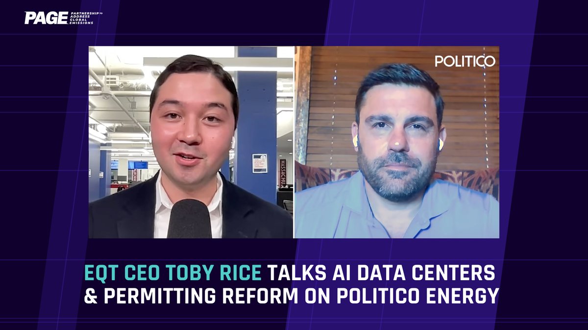 PAGE_Coalition's tweet photo. PAGE Member and @EQTCorp CEO @Shalennial joins the @politico Energy Podcast to talk permitting reform, powering AI data center demand, and what the midterms could mean for America's energy mix.​
​
Listen now:​ https://t.co/MEOsO4zi5K https://t.co/S1761hZ6sI