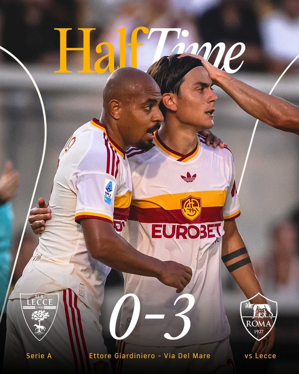 OfficialASRoma's tweet photo. Si conclude il primo tempo a Lecce ⏸️

Due gol di Malen e uno di Soulé ⚽️⚽️⚽️

#LecceRoma https://t.co/72QozvEzyq