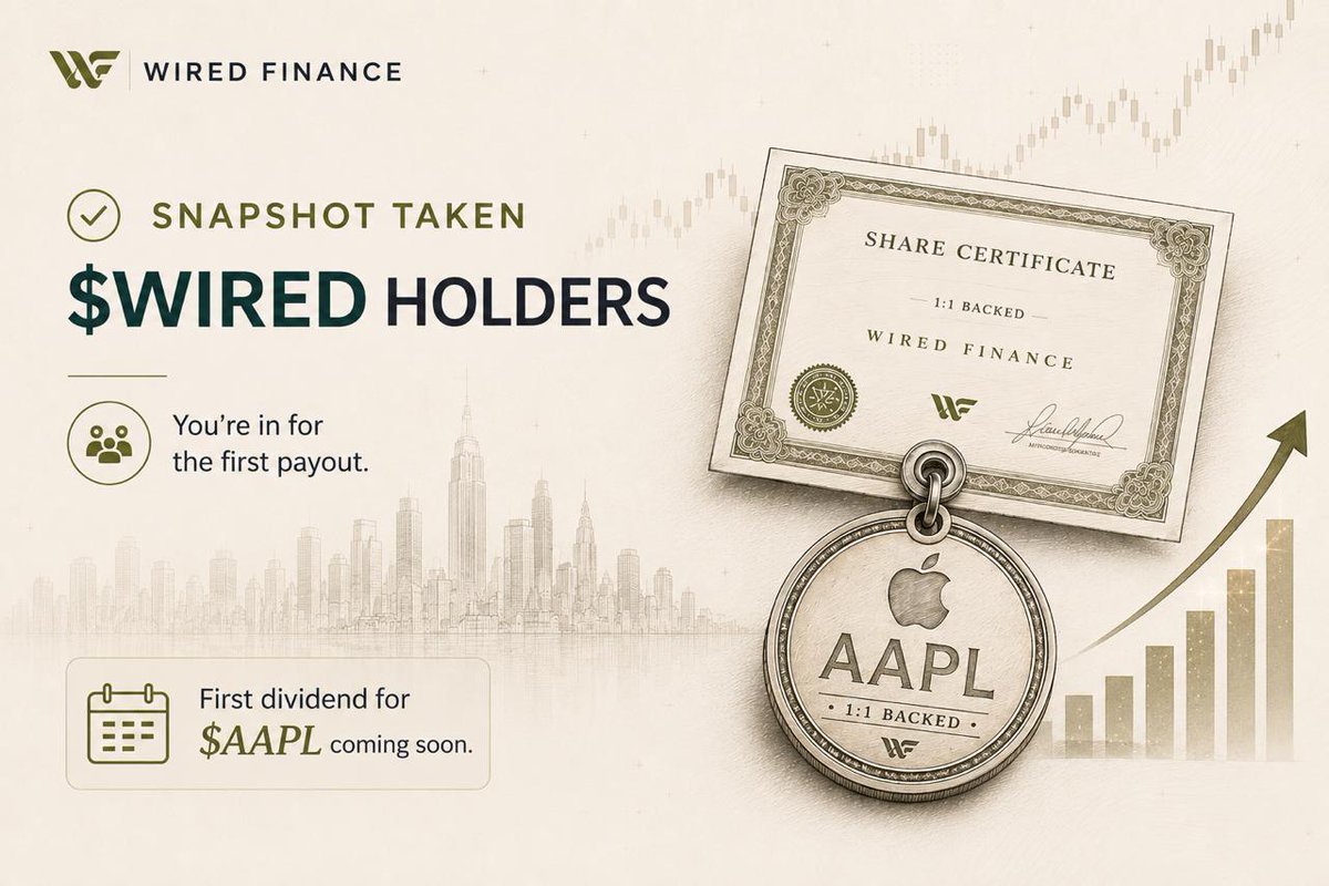 wiredfi's tweet photo. We have taken the snapshot for $WIRED holders. 

The first dividend for $AAPL stock is coming soon.

All wallets which holds over 1Million $WIRED tokens are eligible. https://t.co/DjEjimd6gK