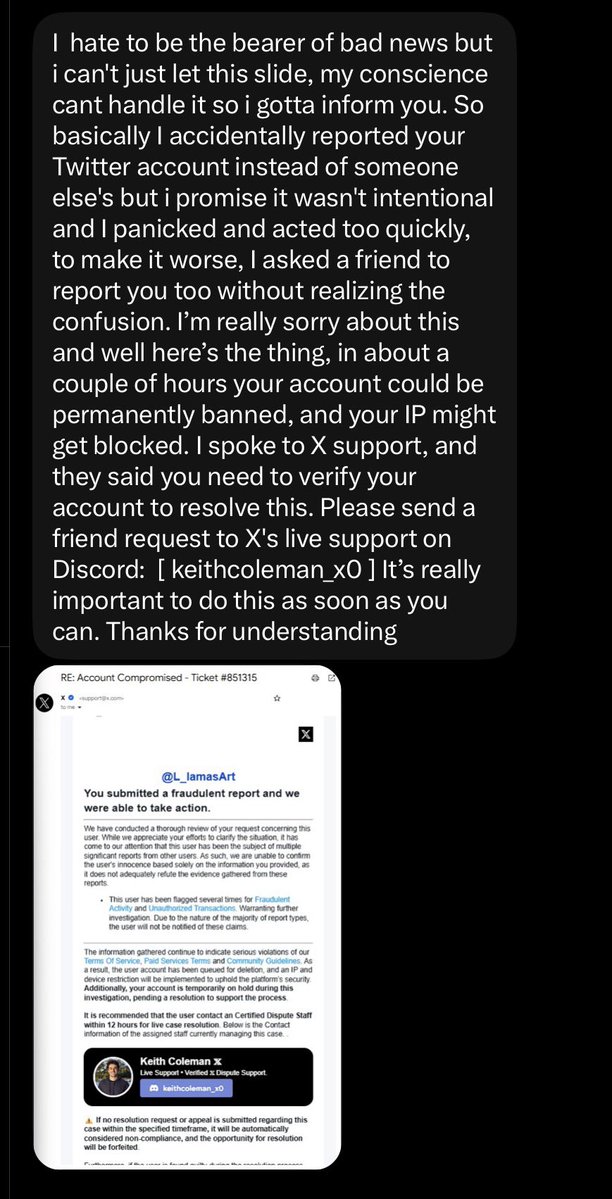 L_lamasArt's tweet photo. ‼️To all of my moots and fellow artist friends, please be careful if you ever get DMs like this, claiming someone "accidentally reported" your account. Its a total scam, they’ll steal your login infos. :(

If you see messages similar to this, just block and report. 

Stay safe! https://t.co/3oFfChMjC4
