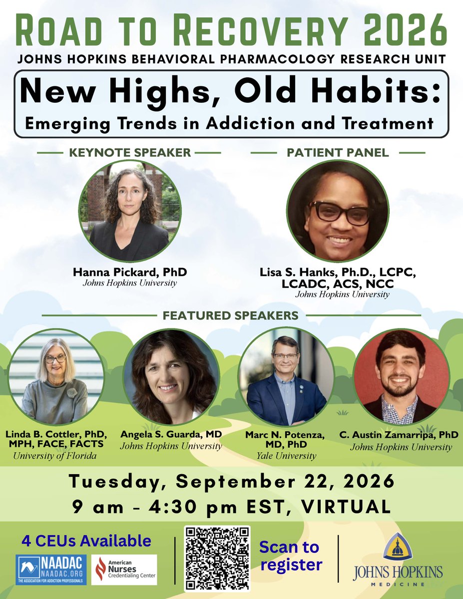 JHRoad2Recovery's tweet photo. Road to Recovery Conference
New Highs, Old Habits: Emerging Trends in Addiction and Treatment
4 CEUs through NAADAC and ANCC
Date: Tuesday, September 22nd 9:00am-4:30pm ET
Location: Online
Register now:  https://t.co/ddmhyXfiA1
#RoadToRecovery #AddictionResearch https://t.co/s4IU7TRr5x