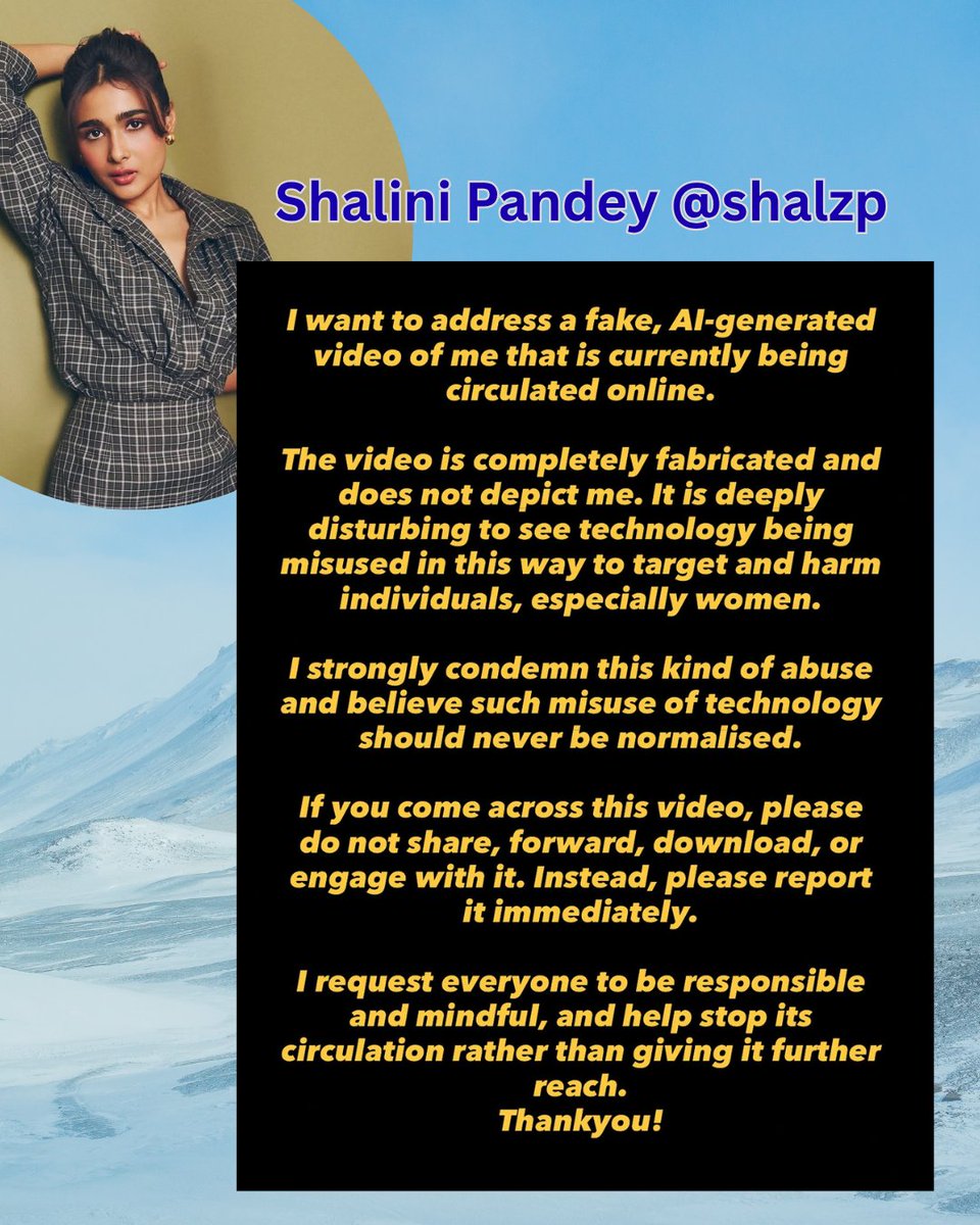 pluginstudiocom's tweet photo. Shalini Pandey reacts to fake AI-generated deepfake video circulating on social media that falsely depicts her. https://t.co/hjHnP5Uwbv