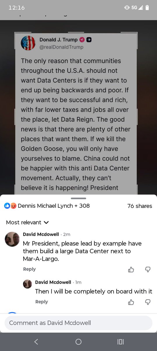 Cbdhid4David's tweet photo. Mr. President,you have lead by example, no one has fought harder for our Country.Thank you. Have you visited houses close to these large Data Centers?Horrible noise,vibration. Mass electric consumption,water consumption.
@realDonaldTrump @elonmusk @GenFlynn @RealJamesWoods @X https://t.co/I9EfBIcLEy
