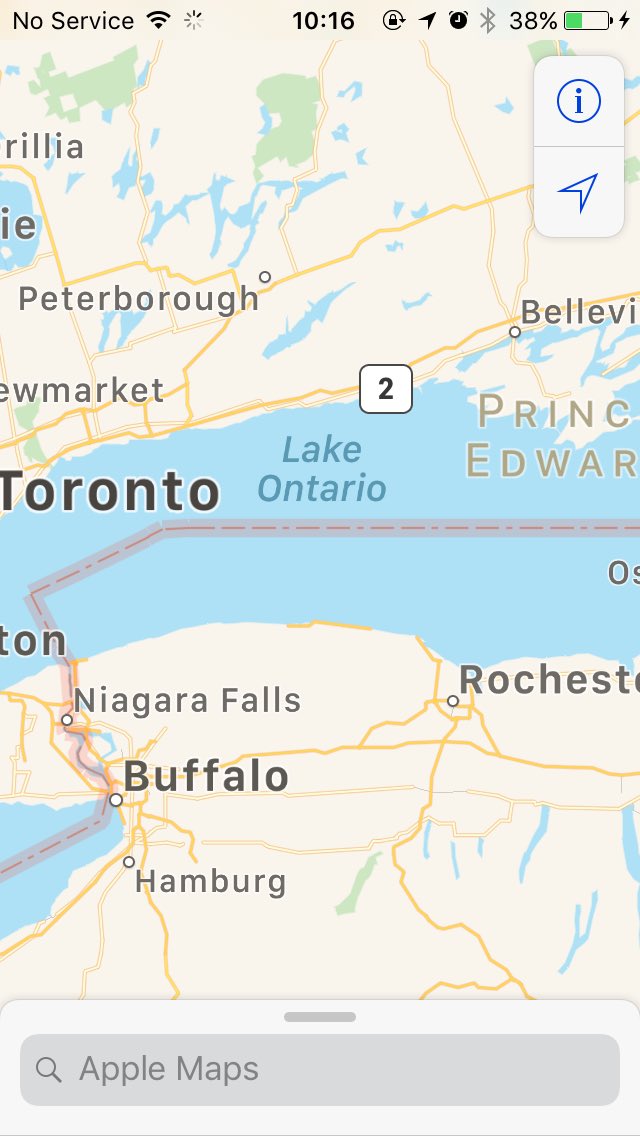 FishieBug's tweet photo. My oldest iPhone (5c) still uses Lake Ontario, but concedes with parentheses when it comes to the Gulf of Mexico, on Apple Maps. https://t.co/IiwqhmoQMs