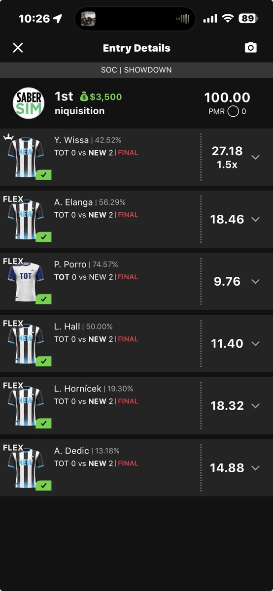 nickalloch08's tweet photo. First Winners' Circle entry for EPL this season @SaberSim https://t.co/Y8AFC1JT2Y https://t.co/DgEKDJvrTJ