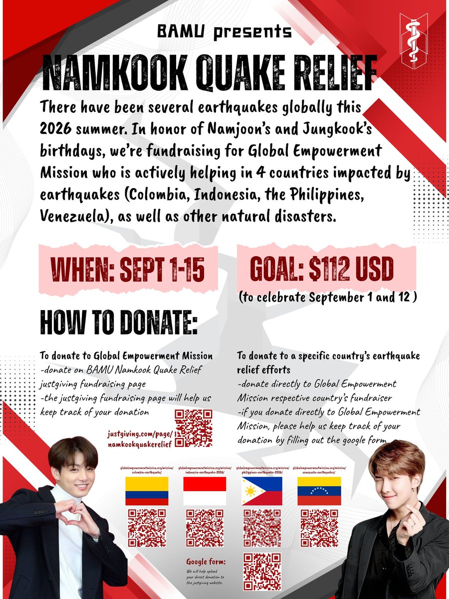armymedunion's tweet photo. In honor of #Namjoon’s &amp; #Jungkook’s birthdays, we present #NamkookQuakeRelief a charity fundraiser for @GEMmissions who is actively helping in 4 countries impacted by earthquakes this summer (Colombia, Indonesia, the Philippines, Venezuela), as well as other natural disasters 💜 https://t.co/FegvOA5VVq