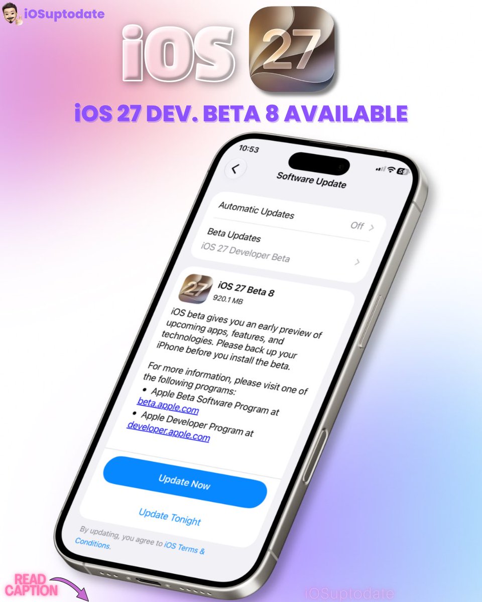 iosuptodate's tweet photo. iOS 27 Beta 8 is LIVE 👀
This is the LAST beta before Release Candidate
RC is next week. We’re so close!
Follow for RC + Final release date 🔔
#iOS27 #iOS27Beta8 #Apple #iphone #iOSuptodate https://t.co/aPDvWLmrle