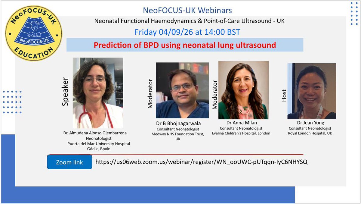 AlmudenaAlonso4's tweet photo. This Friday, free registration! Thanks to
@Neofocus_UK and Dr. @JWLYong for the kind invitation!
Please register using this Zoom link . https://t.co/fRj4K9XbXq
A certificate of attendance will be provided once feedback has been completed 

❤️#POCUS in #NICU https://t.co/MPaOtd0Crg