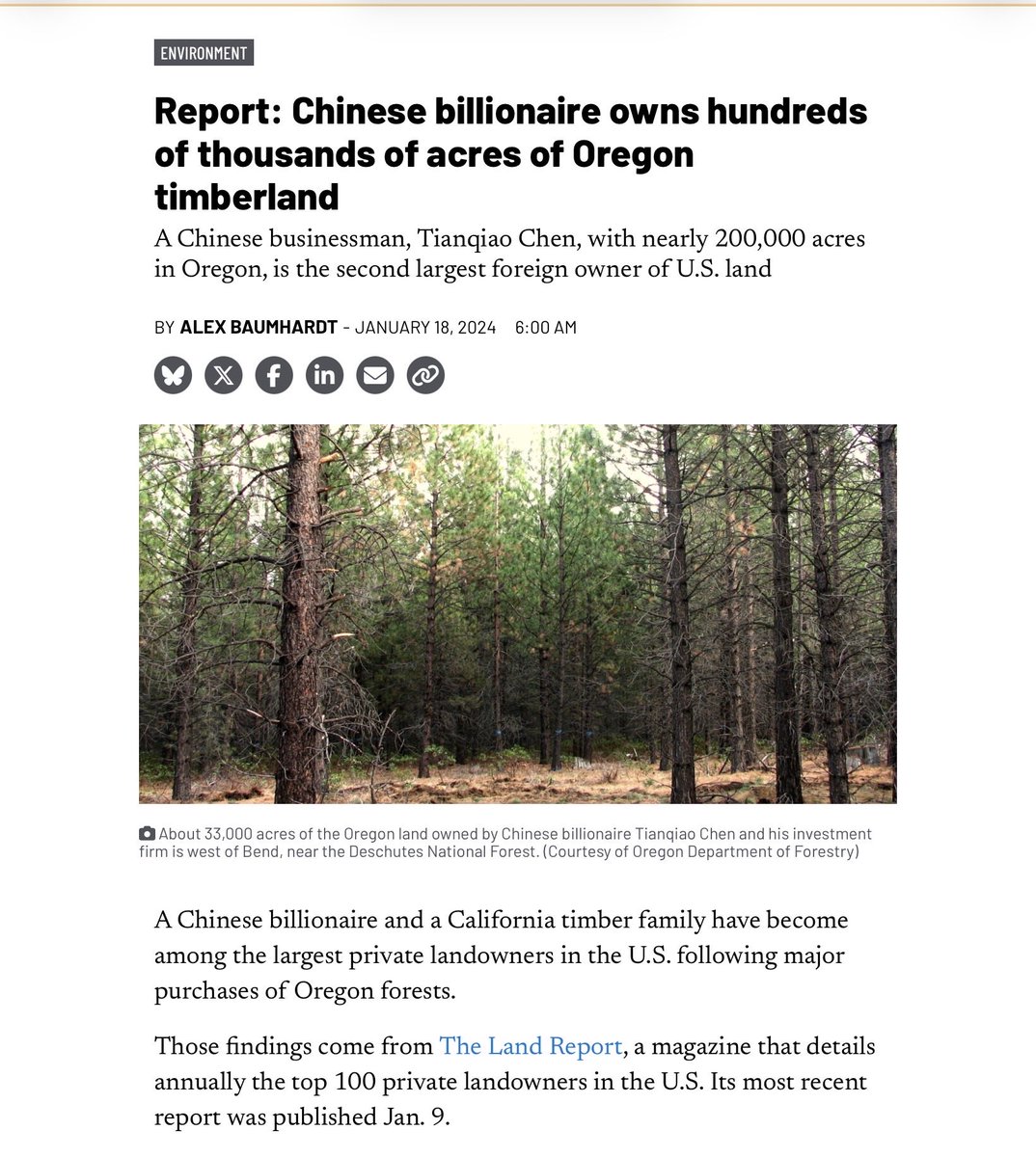 TeaPartyPDX's tweet photo. In 2015 Chen acquired nearly 200,000 acres (about 197,600 acres in later inventories) of former Crown Pacific timberlands in Central Oregon from Fidelity National Financial Ventures for $85 million, or roughly $430 per acre. ￼
Parts of the holdings sit in the same county as an Air National Guard base, and that fact was cited in legislative debate.
Kingsley Field Air National Guard Base (home of the 173rd Fighter Wing) is at Crater Lake–Klamath Regional Airport in Klamath Falls, Klamath County. It has been transitioning to F-35A training. 

The deal was made through Whitefish Cascade Forest Resources LLC (later rebranded as Shanda Asset Management LLC). The holdings are concentrated in Deschutes and Klamath counties and include the well-known ~33,000-acre Bull Springs Skyline Forest west of Bend, which borders the Deschutes National Forest. 

The China-born tech billionaire who lives in the Bay Area and bought the land is Tianqiao Chen (陈天桥), founder of Shanda Interactive Entertainment. ￼
He and his wife Chrissy Luo moved from Singapore to California’s Bay Area in late 2017.

He joined the Chinese Communist Party as a student.
Chinese state media and university records say Chen joined the CCP in 1991 at age 18 while studying economics at Fudan University in Shanghai. He was also active in the Communist Youth League. Later he served on the Chinese People’s Political Consultative Conference (CPPCC), an advisory body, from roughly 2008 to 2018. 

He appears on The Land Report 100, the main annual ranking of America’s largest private landowners.
When the magazine first added him in early 2024 he ranked #82 overall with the ~198,000 acres in Oregon. Later editions and articles have listed him around #85 or #86. One 2026 report still referred to him as the country’s 82nd-largest landowner. ￼

Among foreign owners of U.S. land he is consistently described as No. 2, behind only the Irving family of Canada (who hold more than 1.2 million acres of timberland in Maine). ￼
The ranking is based on the Oregon timberland only; his much larger Canadian holdings are not counted in the U.S. list.