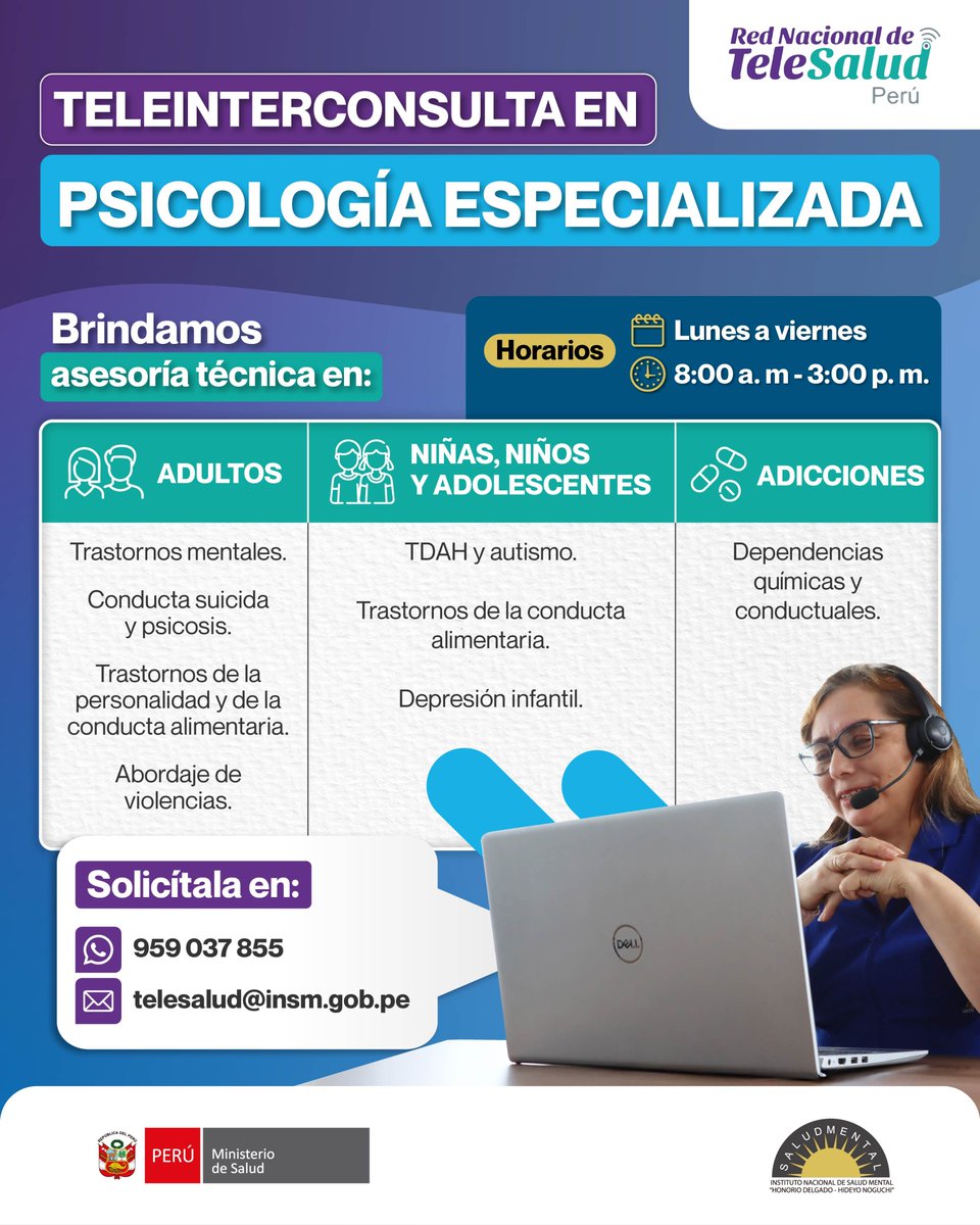 INSMHDHN's tweet photo. 📢 ¡Buenas noticias! Ponemos a disposición de los profesionales de la salud la Teleinterconsulta en Psicología, un servicio gratuito que brinda asesoría técnica especializada.
🤝 ¡Sigamos fortaleciendo la salud mental juntos!
#SaludMental #Teleinterconsulta #Minsa #INSM https://t.co/t2JJQ7l34C