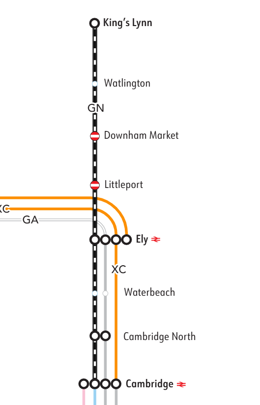 GNRailUK's tweet photo. 📢 Services running between London King's Cross and King's Lynn will now terminate and start from Cambridge. 

🎫This means you will need to use an alternative route between Cambridge and King's Lynn. 

🗺️ Please check the live map here for more information on the impacted area 👇 
 https://t.co/8n6elX0A9b
 
⚫ - The black line shows lines are blocked between Cambridge and King's Lynn