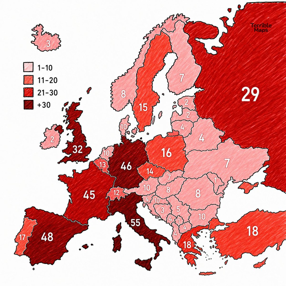 TerribleMaps's tweet photo. Average age Europeans move out of their parents’ home https://t.co/5mTWgvJvgZ