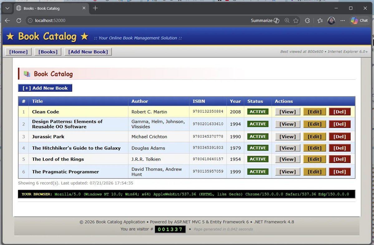 Modernized Book Catalog application screenshot from the GitHub Copilot .NET modernization walkthrough