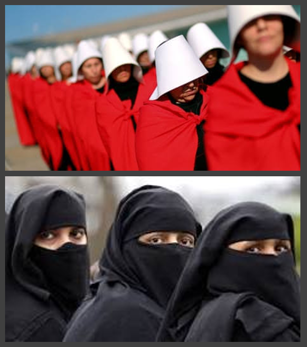 AwakenedOutlaw's tweet photo. The same liberal white women who dress in Handmaid's Tale costumes to protest the wholly imagineered/faux assertion that conservatives want to subjugate women, also fully support Muslims who actually subjugate women.

Make it make sense. https://t.co/ekUUTviais