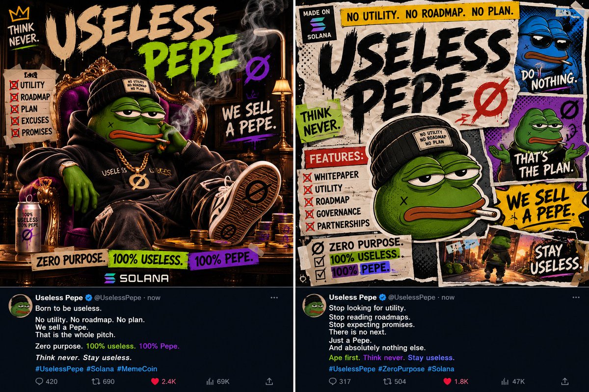 uselesspepe's tweet photo. 🐸 USELESS PEPE

No motivation.
No destination.
Just vibes.

Sometimes the best move
is making no move at all.

Stay useless. Stay Pepe.

#UselessPepe #Solana #PEPE https://t.co/GSFUIeyoUv