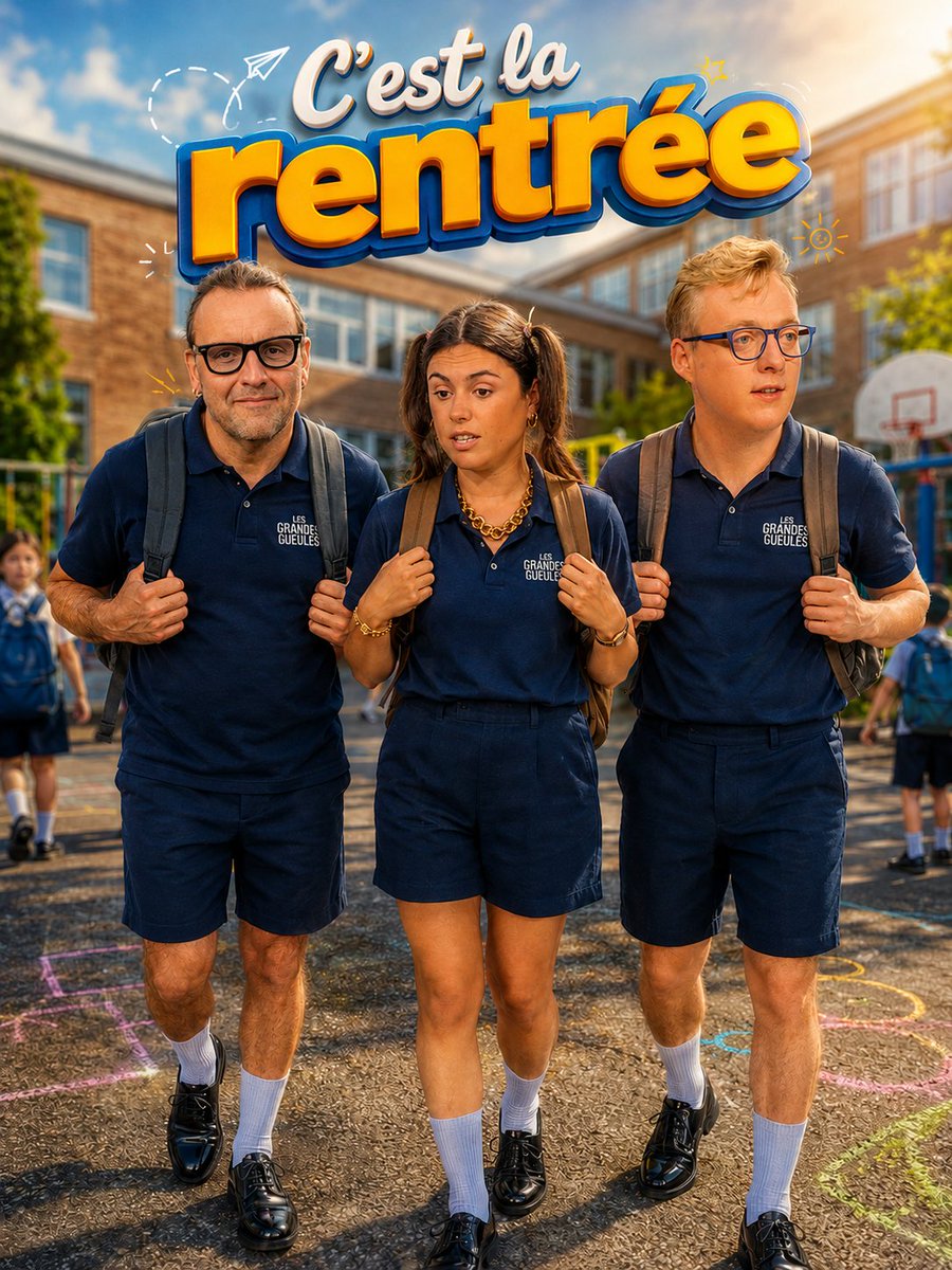 qpednlefi's tweet photo. @GG_RMC @RMCInfo @RMCStory Demain, c’est la rentrée scolaire… même pour Les Grandes Gueules ! 🎒📚 Au programme : cartable sur le dos, chaussettes remontées et chaussures bien cirées 😄 Bonne rentrée à @AntoineDiers , @LauraWarton et @poncet_bruno  ! 🔔🏫 
#GGRMC #RentréeScolaire
@Anais_Sainz https://t.co/VPbxnA1asQ