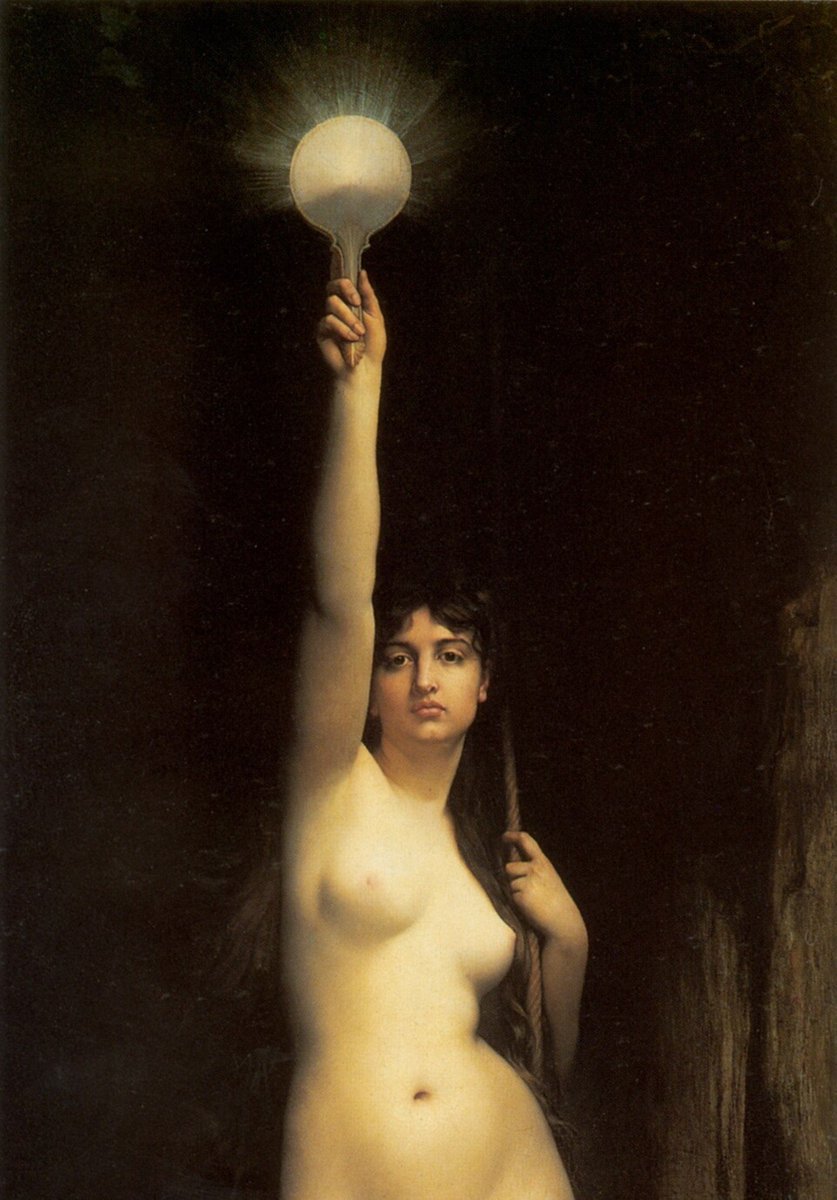 Pintura al óleo titulada "La Verdad" de Jules Joseph Lefebvre. Muestra a una mujer desnuda de pie en un fondo oscuro y rocoso. Con su mano derecha alza enérgicamente un espejo redondo que emite un resplandor de luz brillante, iluminando la escena. En su mano izquierda sostiene una cuerda.