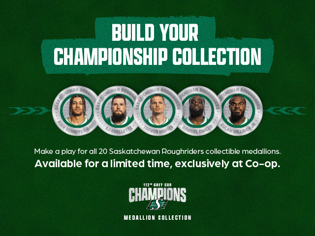 CoopFCL's tweet photo. It’s time to start your collection! @sskroughriders collectible medallions celebrating the 2025 Grey Cup victory are available exclusively at participating Co-op locations across Saskatchewan. Available for a limited time only. https://t.co/oM42hnoB4j